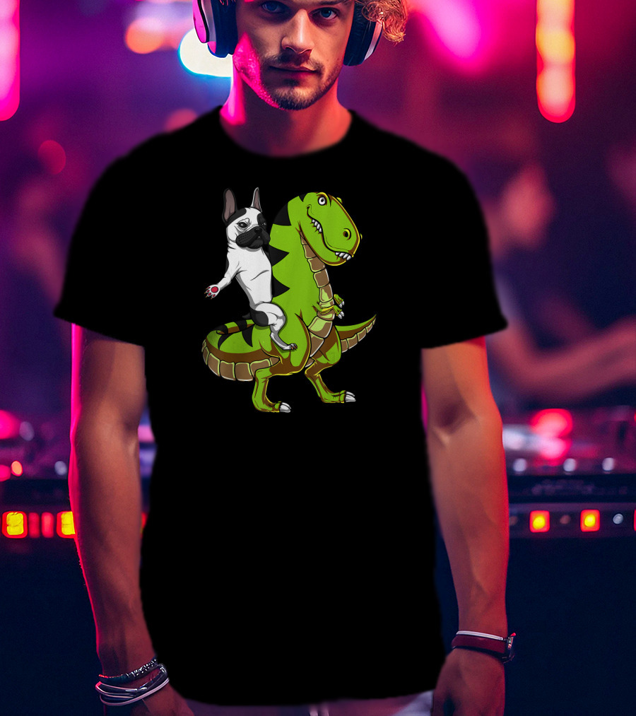 French Bulldog Riding T-Rex Dinosaur Adventure T-Shirt