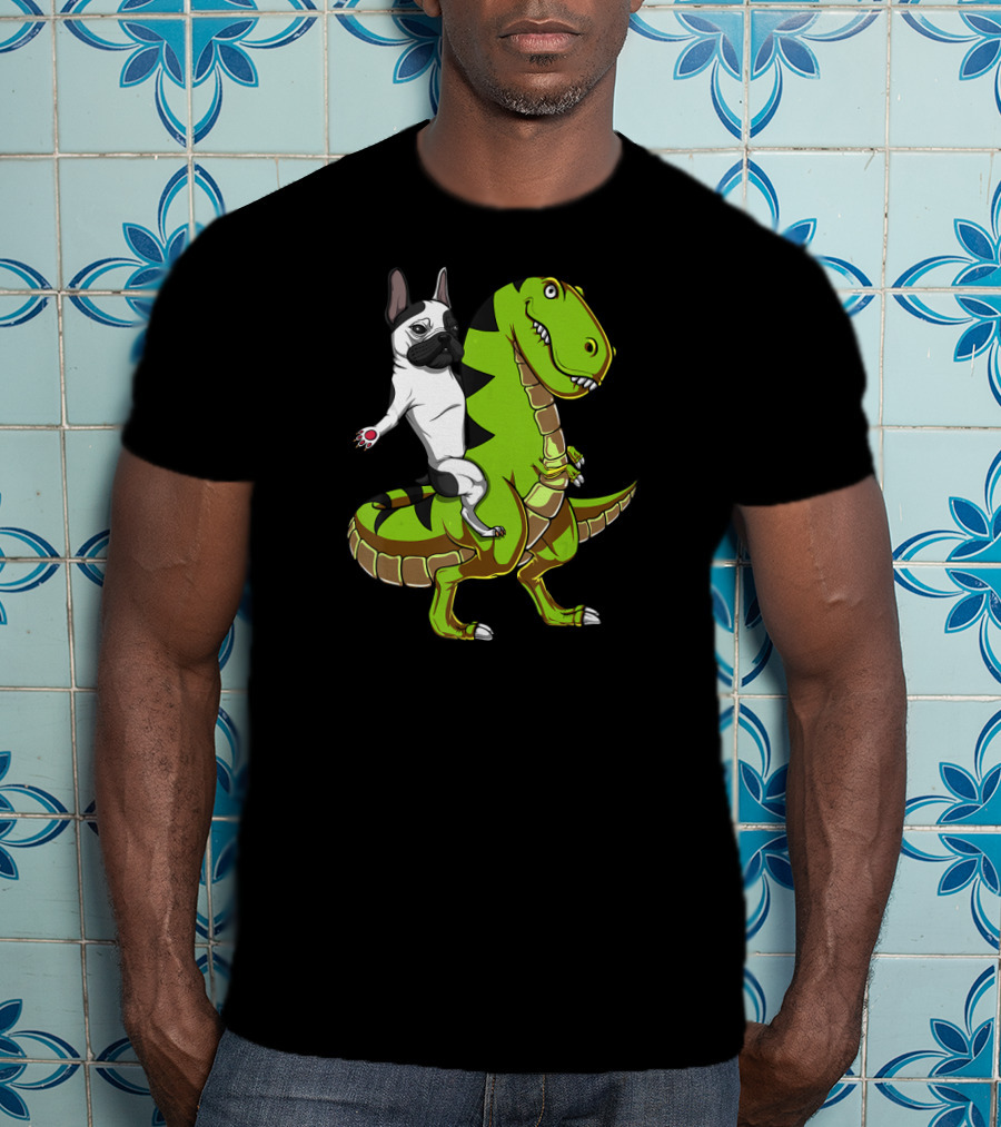 French Bulldog Riding T-Rex Dinosaur Adventure T-Shirt