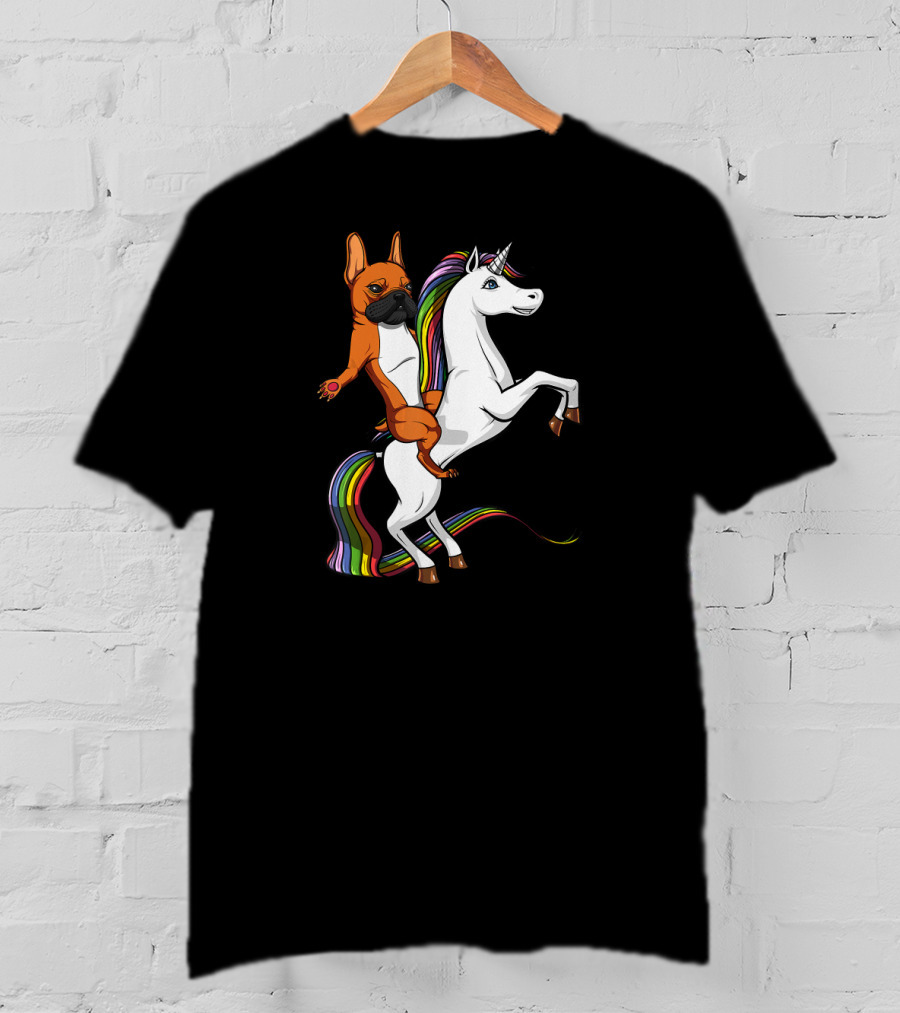 French Bulldog Riding Rainbow Unicorn Funny Dog T-Shirt