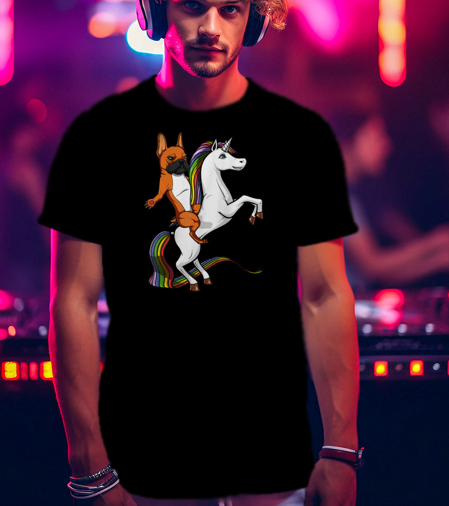 French Bulldog Riding Rainbow Unicorn Funny Dog T-Shirt