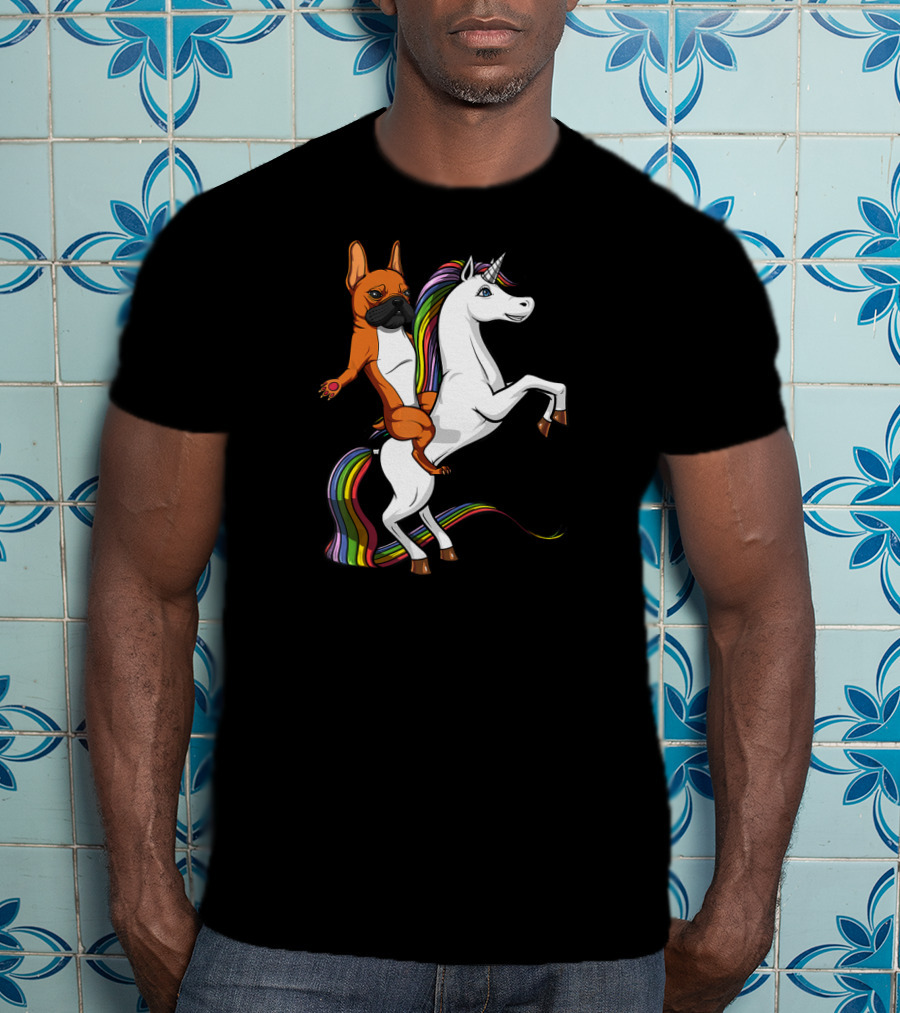 French Bulldog Riding Rainbow Unicorn Funny Dog T-Shirt