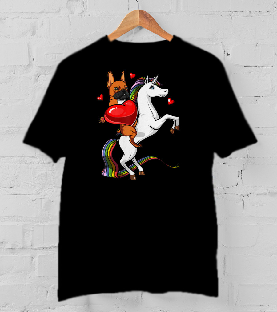 French Bulldog With Heart On Rainbow Unicorn Valentine's T-Shirt