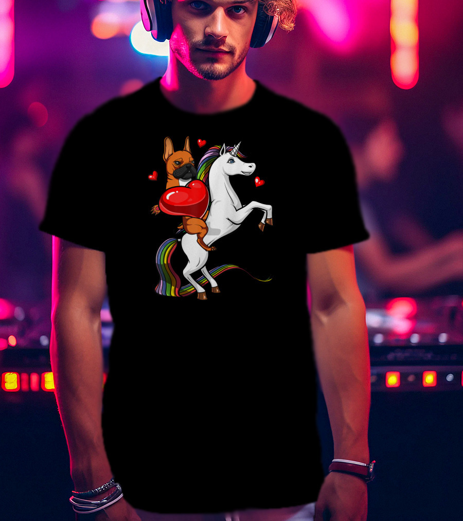 French Bulldog With Heart On Rainbow Unicorn Valentine's T-Shirt