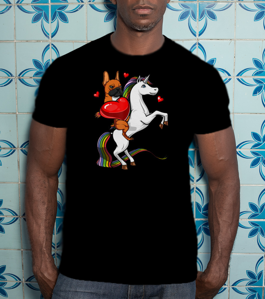 French Bulldog With Heart On Rainbow Unicorn Valentine's T-Shirt