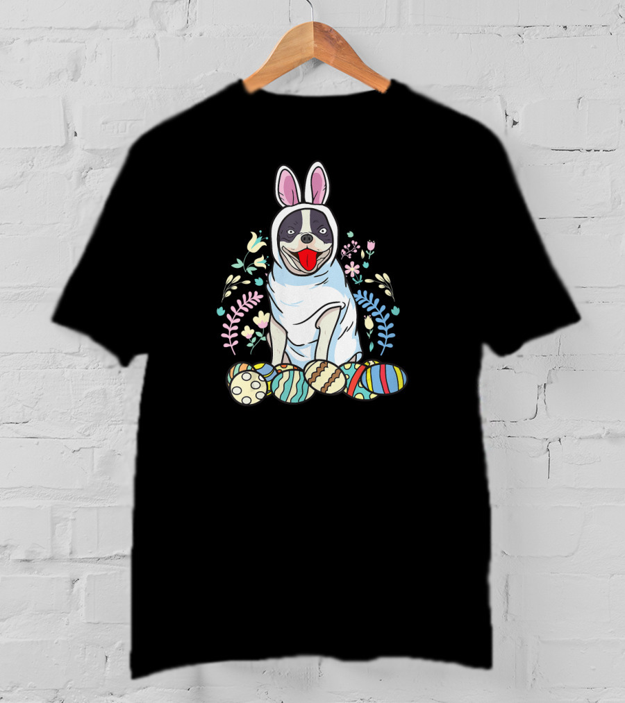French Bulldog Bunny Ears Easter Eggs Floral Co T-Shirt