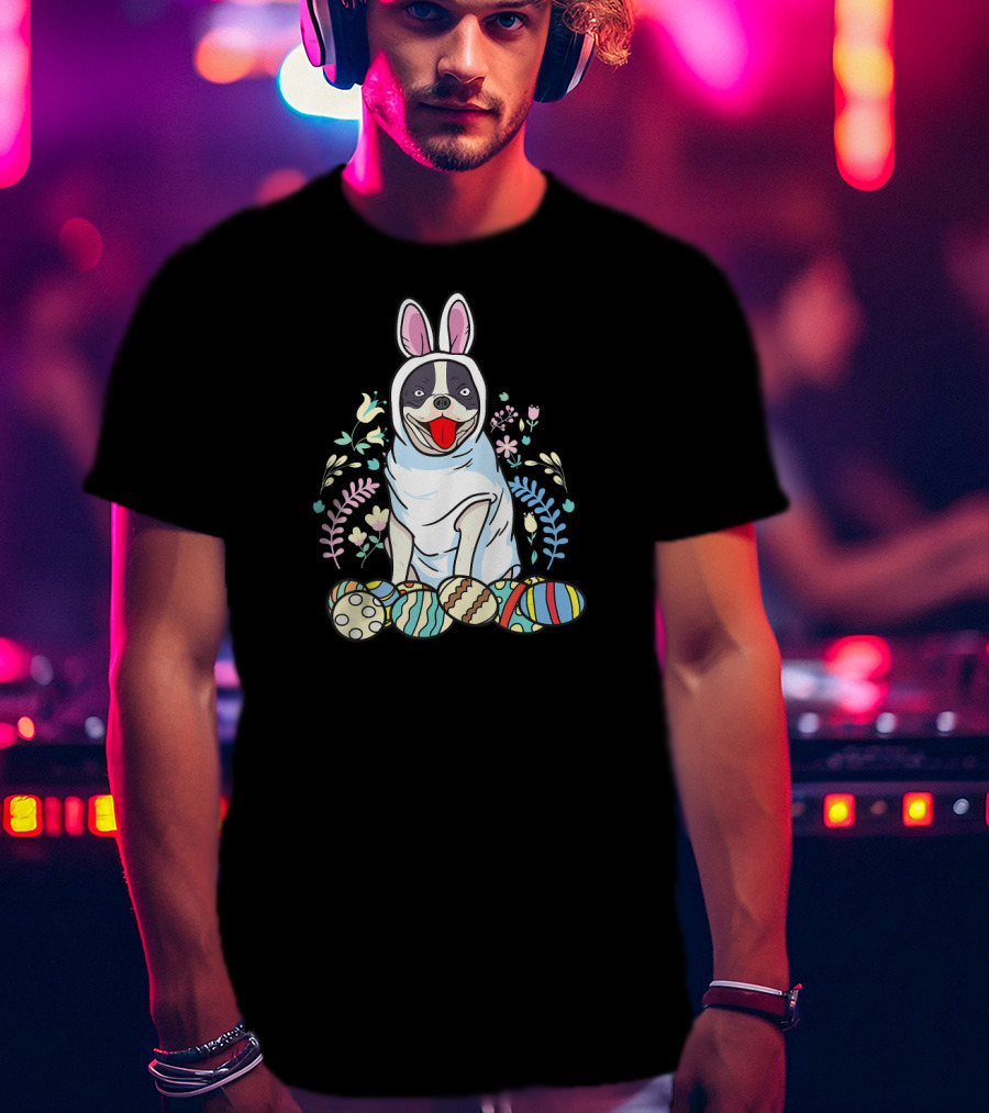 French Bulldog Bunny Ears Easter Eggs Floral Co T-Shirt
