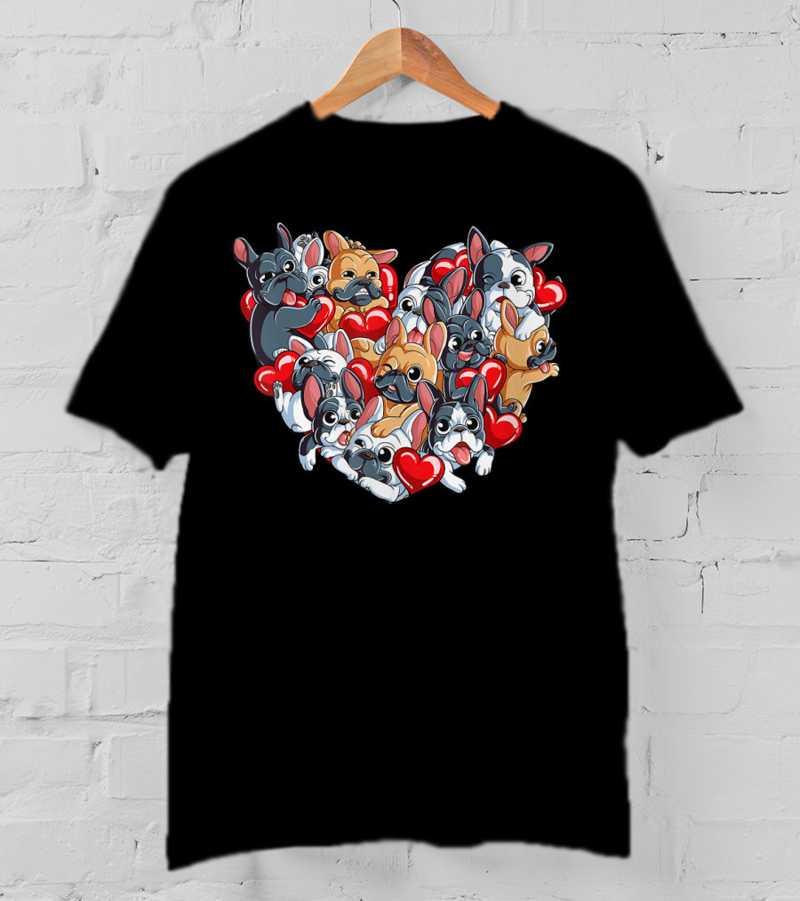 French Bulldog Valentines Day Heart With Cute Puppies And Red Hearts T-Shirt