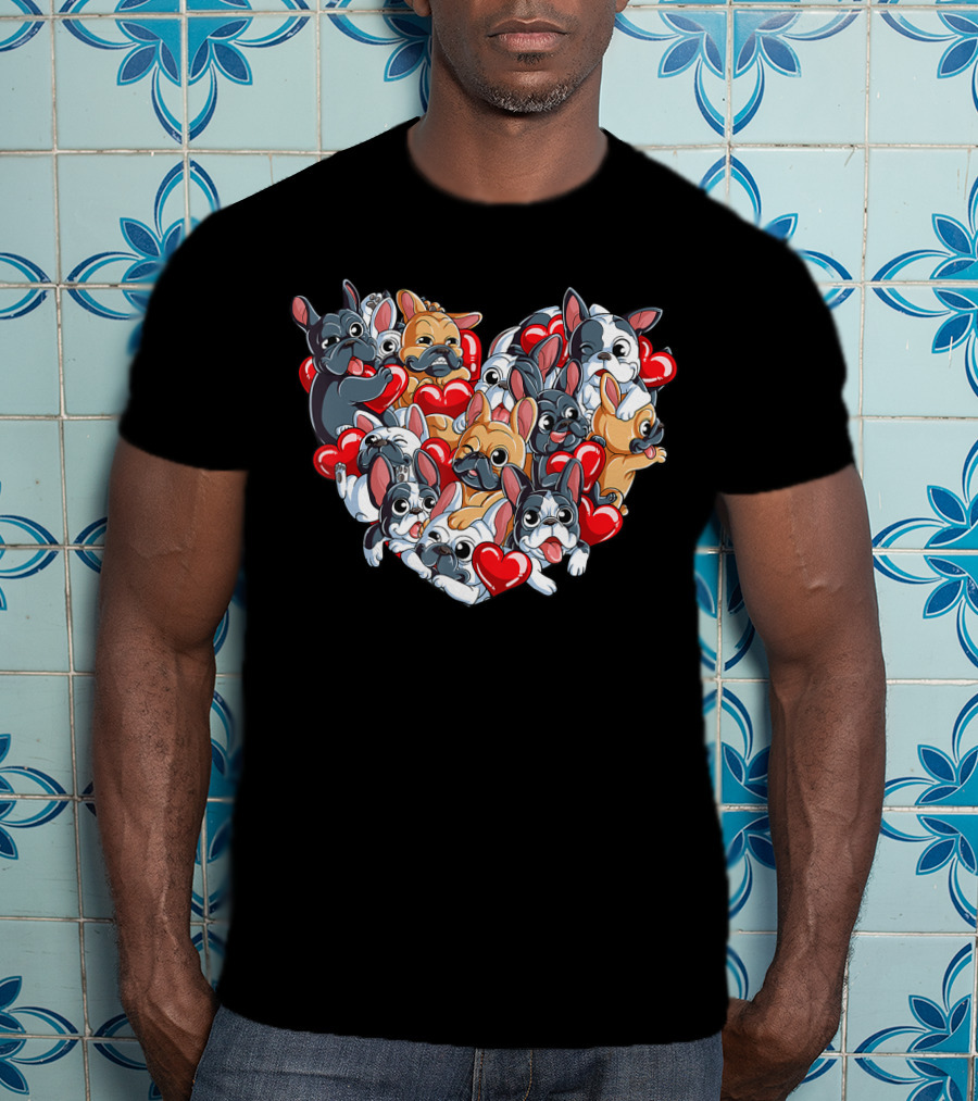 French Bulldog Valentines Day Heart With Cute Puppies And Red Hearts T-Shirt