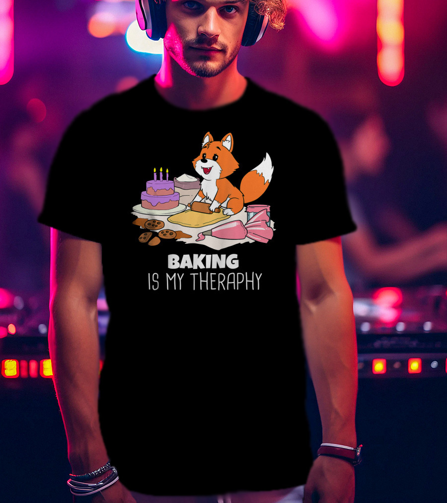Funny Fox Baking Is My Therapy Doug T-Shirt