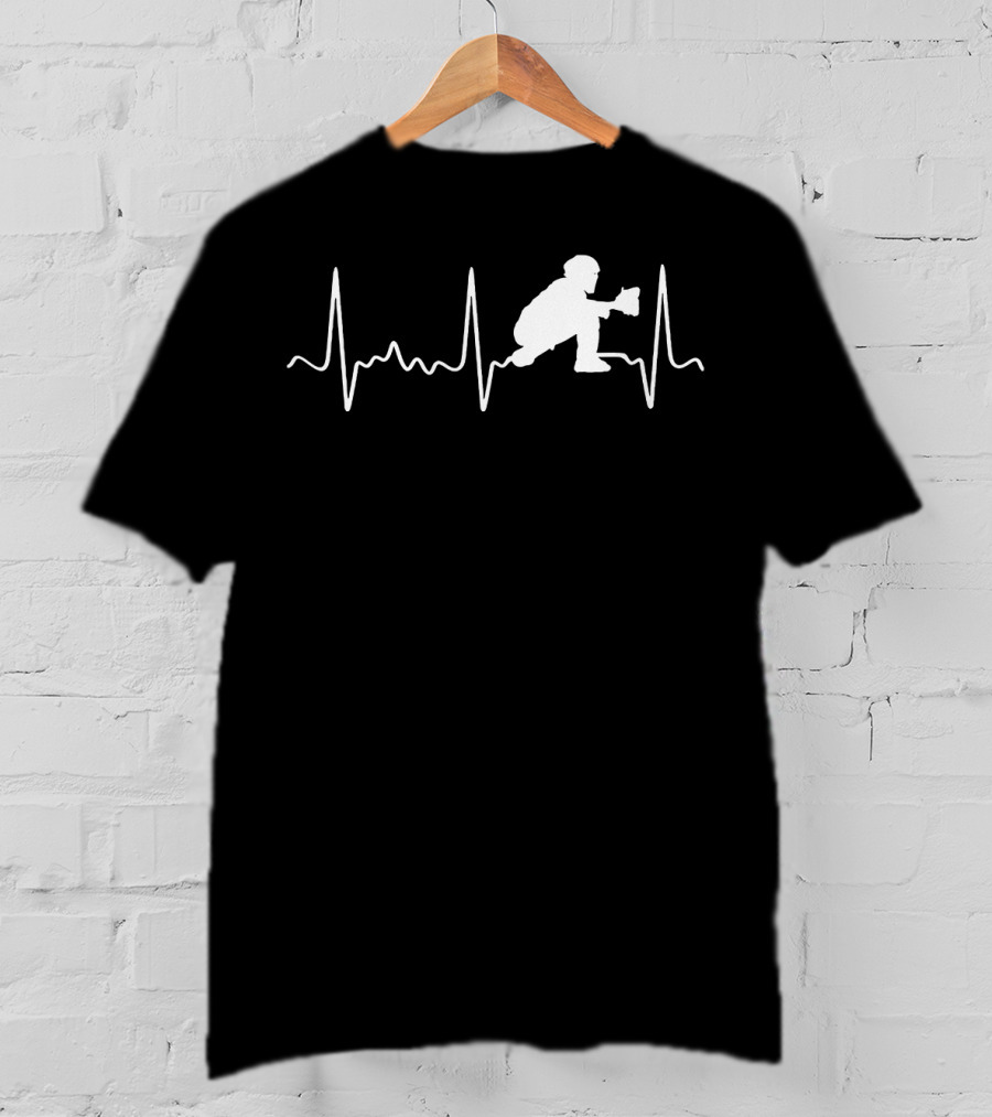 Baseball Catcher Silhouette Heartbeat Line T-Shirt