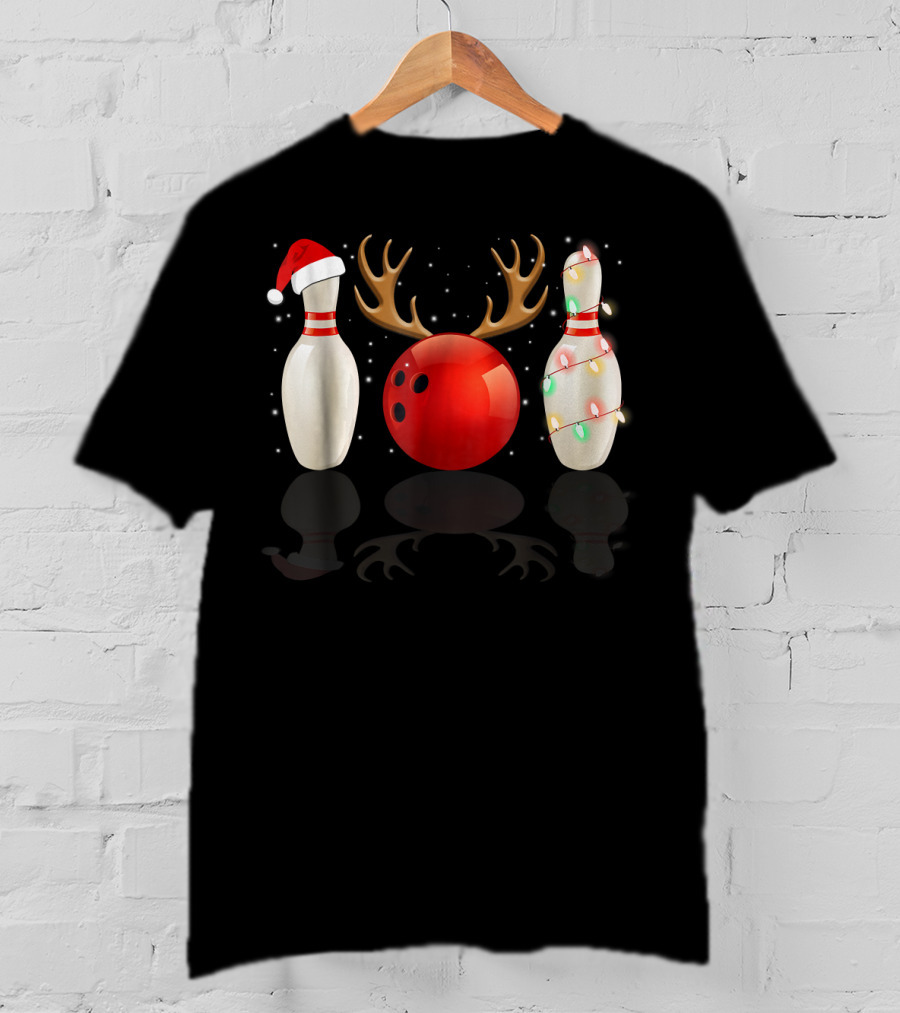 Reindeer Antlers Bowling Ball Santa Hat Christmas Lights Bowling Pins Funny Holiday Bowling T-Shirt