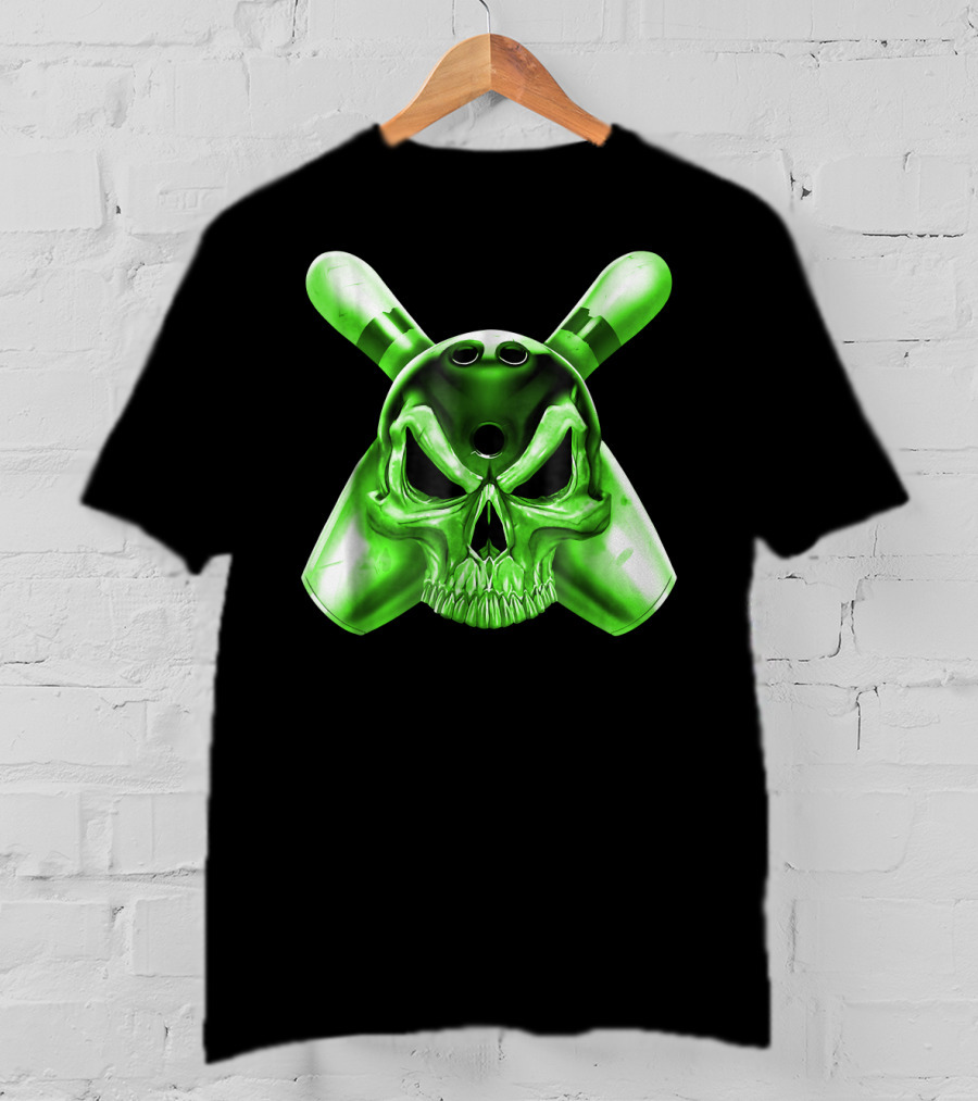 Bowling Skull Crossed Pins Green T-Shirt