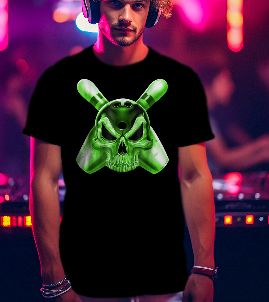 Bowling Skull Crossed Pins Green T-Shirt