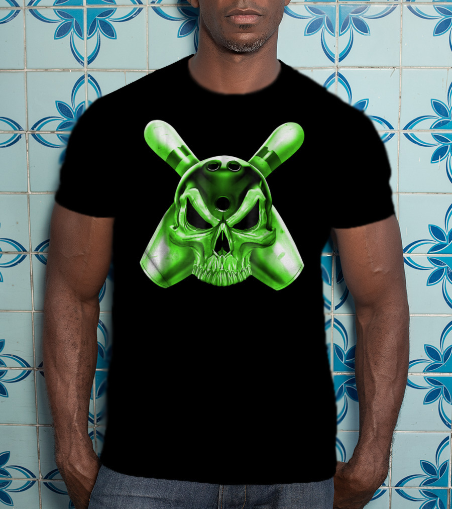 Bowling Skull Crossed Pins Green T-Shirt