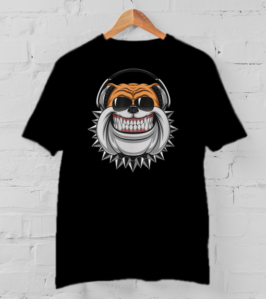 Funny Bulldog Wearing Headphones With Spiked Collar And Big Grin T-Shirt