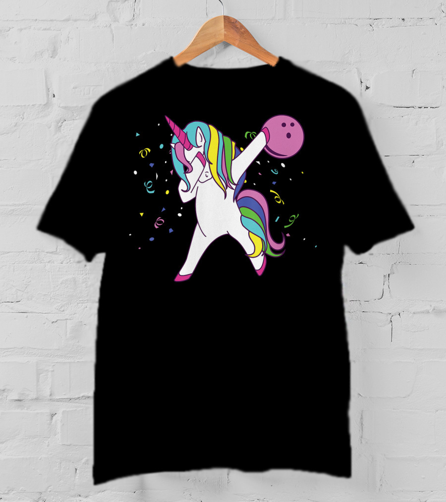 Funny Dabbing Unicorn With Colorful Bowling Ball And Confetti T-Shirt