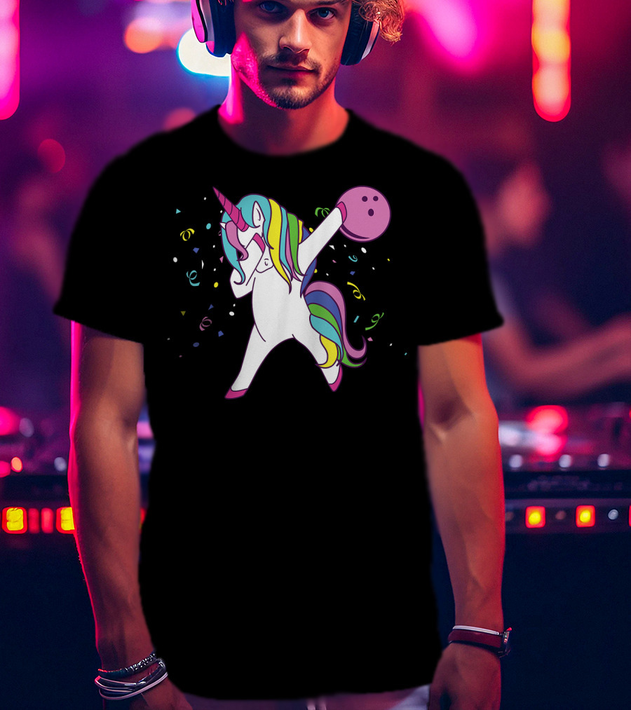 Funny Dabbing Unicorn With Colorful Bowling Ball And Confetti T-Shirt