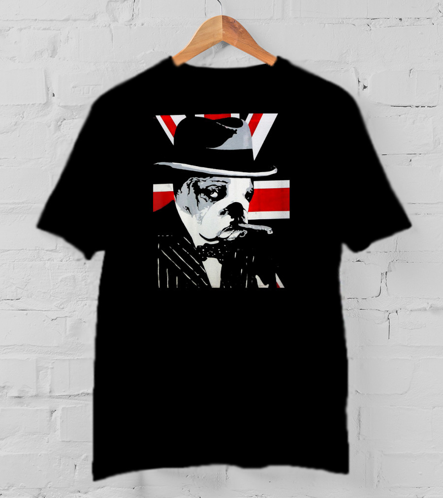 Funny English Bulldog Smoking Cigar Wearing Hat With Union Jack Background T-Shirt
