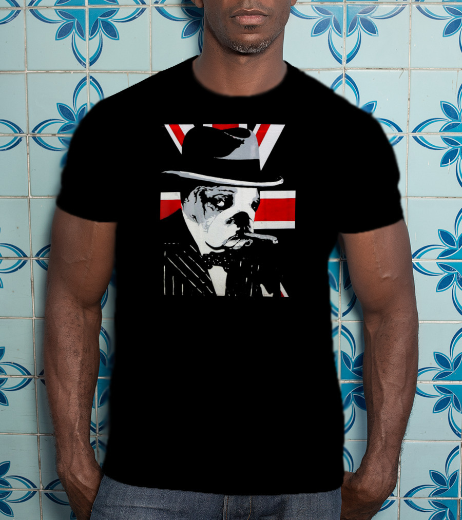 Funny English Bulldog Smoking Cigar Wearing Hat With Union Jack Background T-Shirt