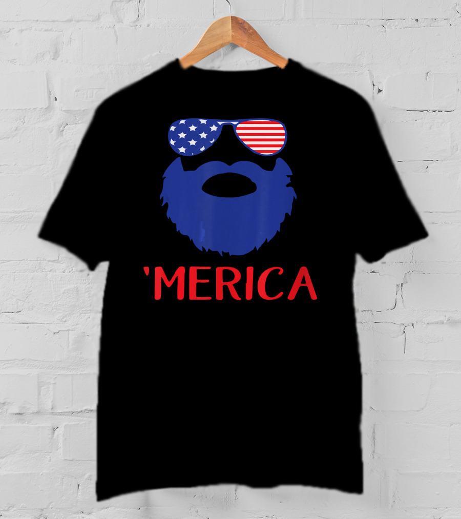 'Merica Beard With American Flag Sunglasses T-Shirt