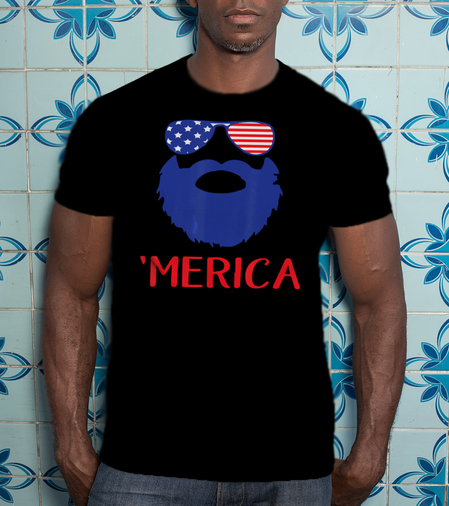 'Merica Beard With American Flag Sunglasses T-Shirt
