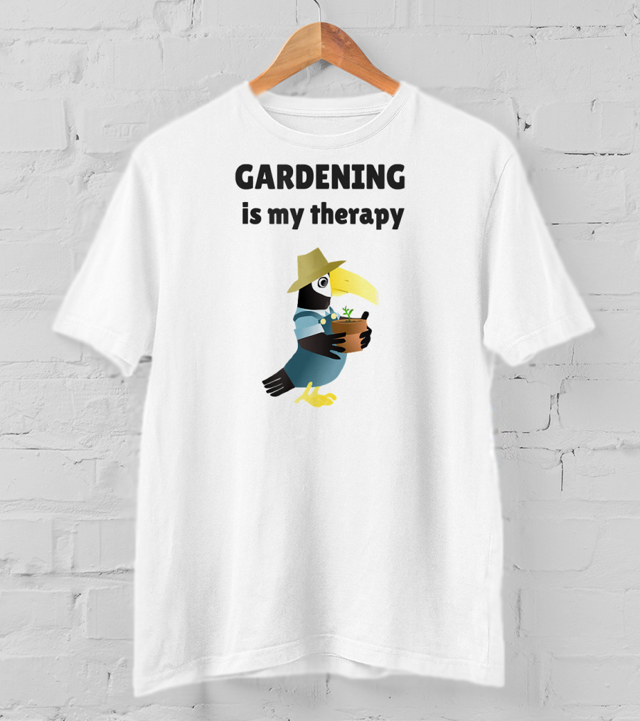 Gardening Is My Therapy Toucan In Hat Holding Plant T-Shirt