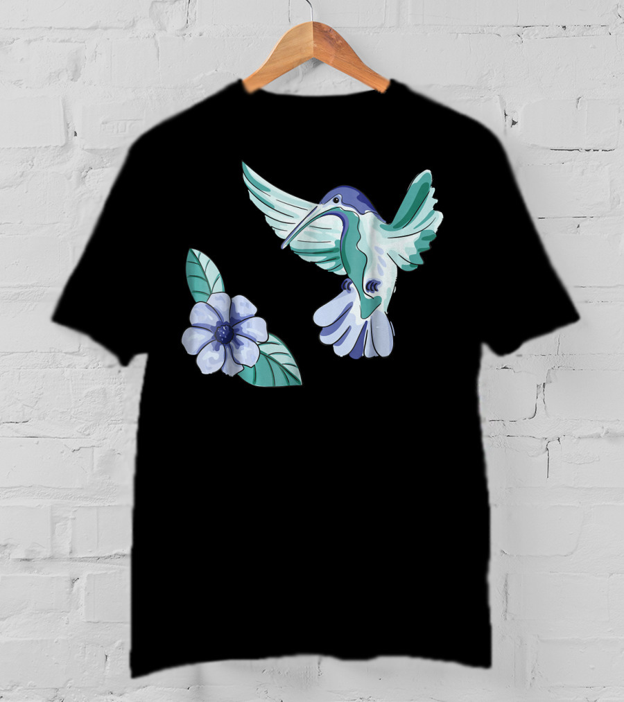 Green And Blue Hummingbird With White And Blue Flower T-Shirt