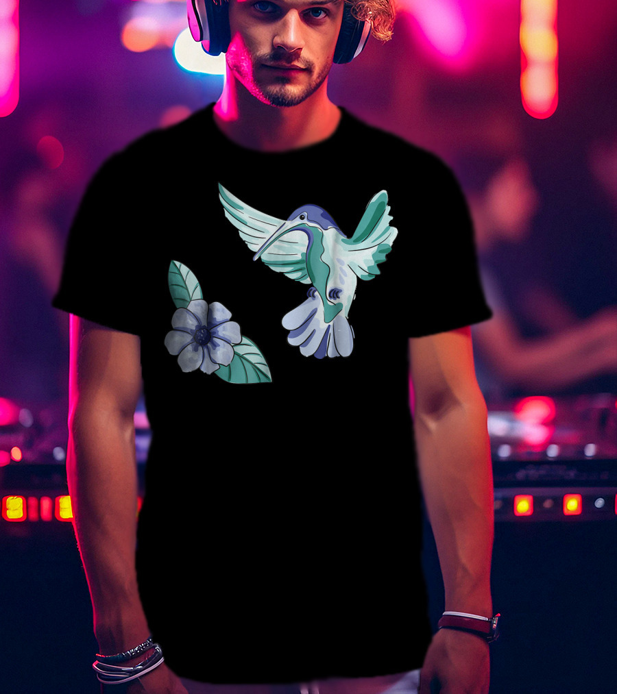 Green And Blue Hummingbird With White And Blue Flower T-Shirt