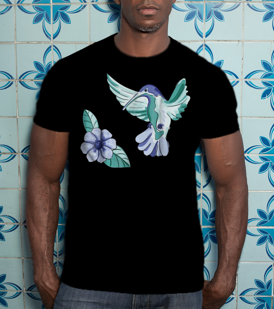 Green And Blue Hummingbird With White And Blue Flower T-Shirt