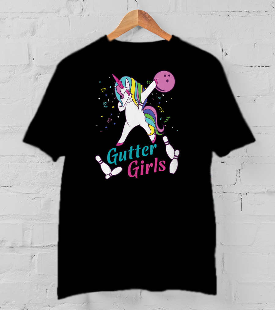 Gutter Girls Unicorn Bowling Team Dabbing Unicorn With Bowling Ball And Pins T-Shirt