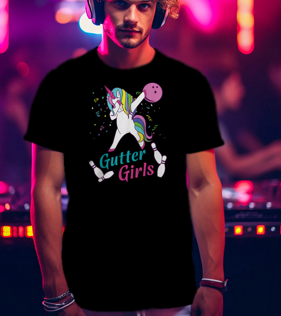 Gutter Girls Unicorn Bowling Team Dabbing Unicorn With Bowling Ball And Pins T-Shirt