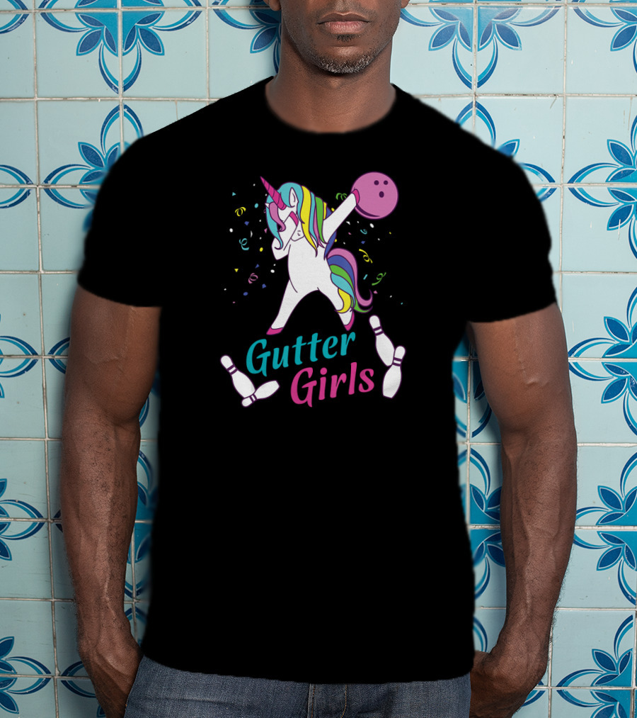 Gutter Girls Unicorn Bowling Team Dabbing Unicorn With Bowling Ball And Pins T-Shirt