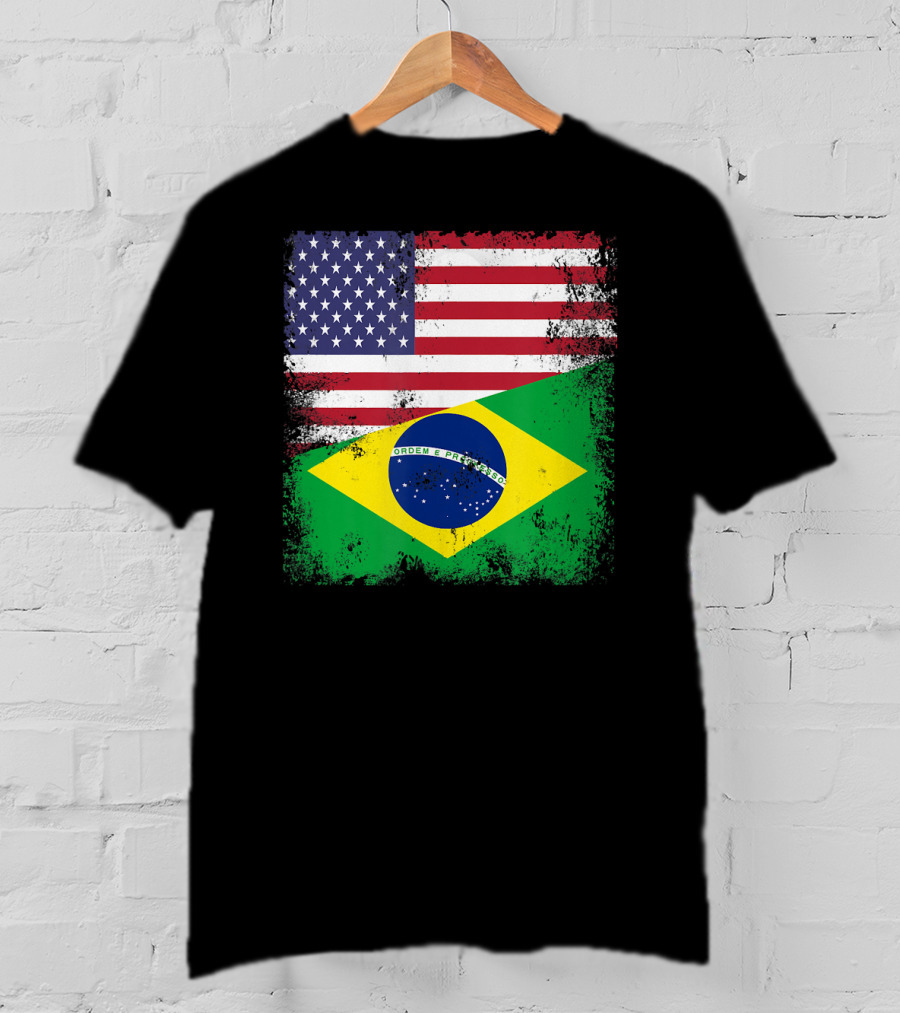 Vintage Half Brazilian Half American Flag Brazil U T-Shirt