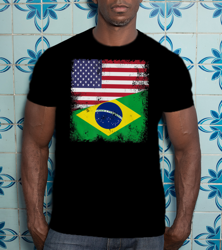 Vintage Half Brazilian Half American Flag Brazil U T-Shirt