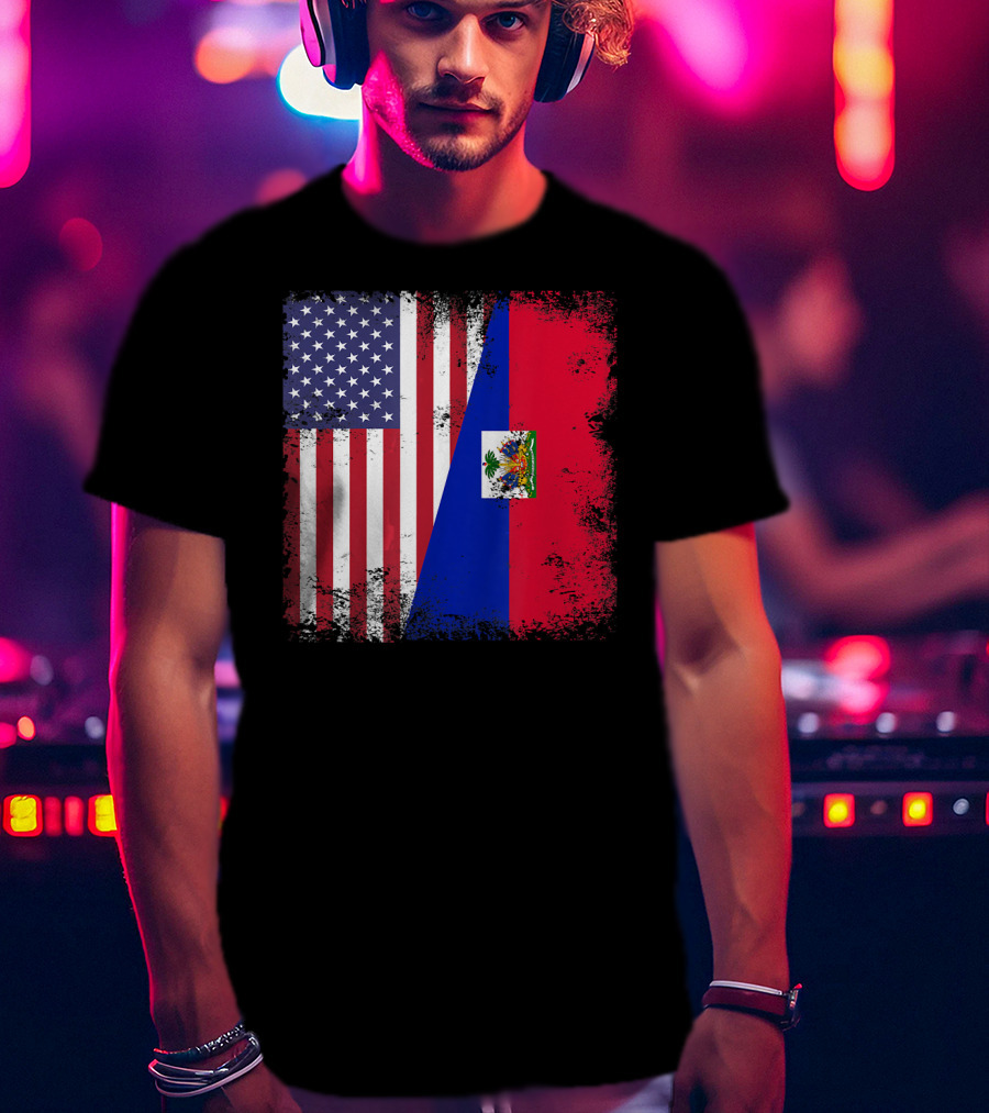Half Haitian Flag Vintage Haiti U USA Grunge Style Flag Fusion T-Shirt