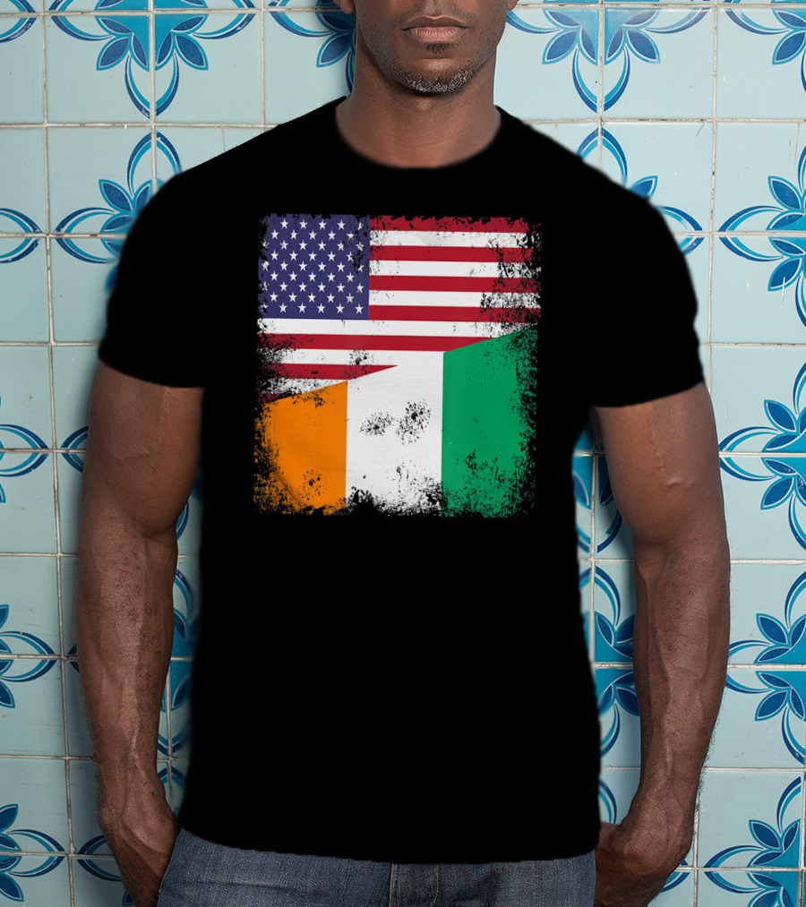 Half Ivorian Flag Vintage Cote D'I With Distressed USA Flag T-Shirt