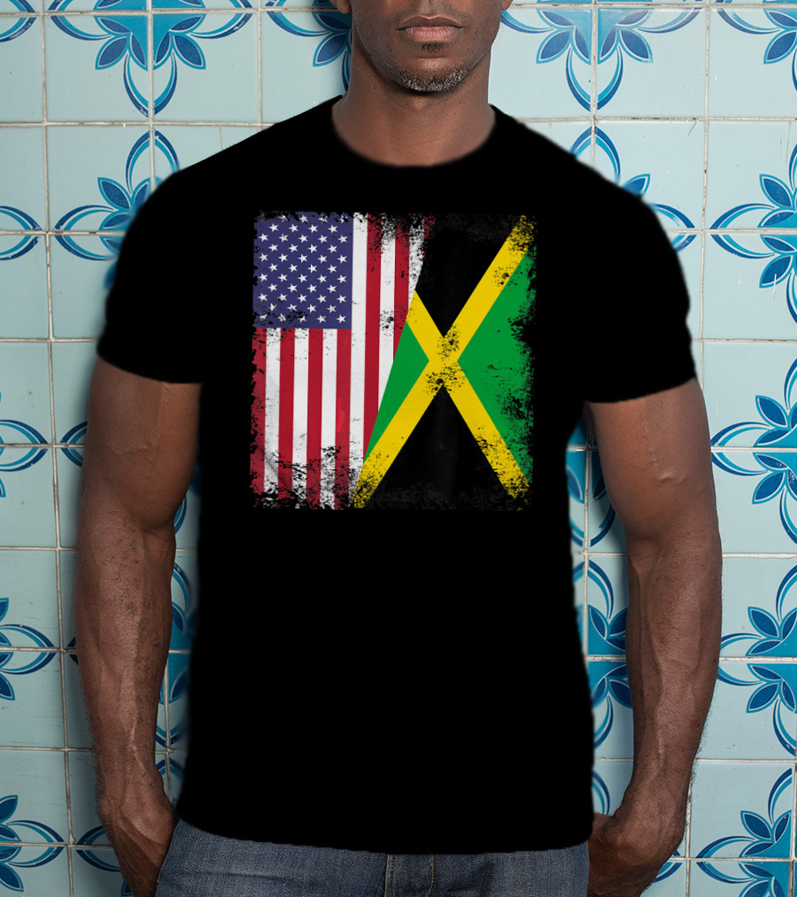 Half Jamaican Flag Vintage Jamaica U.S.A. Flag Overlay T-Shirt