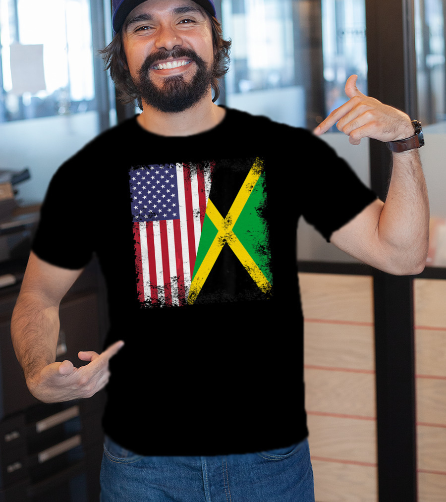 Half Jamaican Flag Vintage Jamaica U.S.A. Flag Overlay T-Shirt