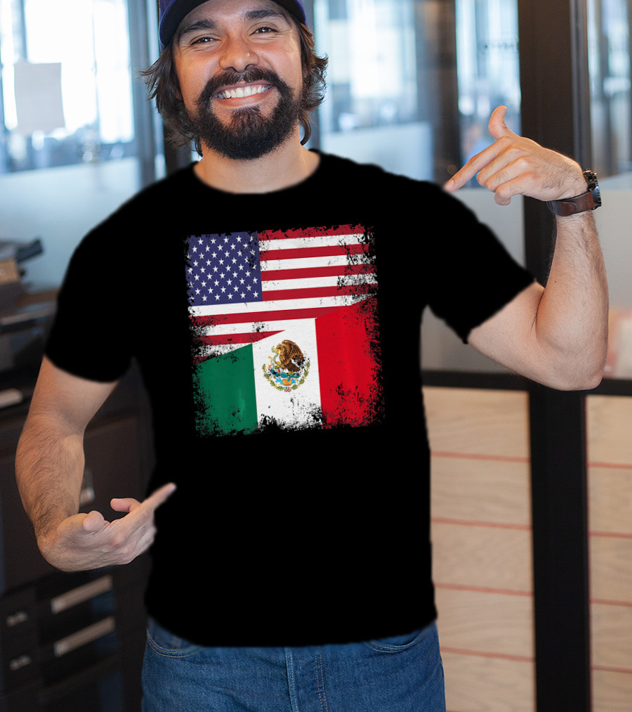 Half Mexican Flag Vintage Mexico U.S. American Flag Dual Heritage T-Shirt