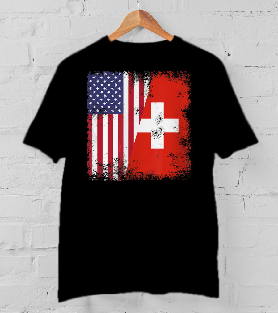 Half Swiss Flag Vintage American Swiss Flag T-Shirt