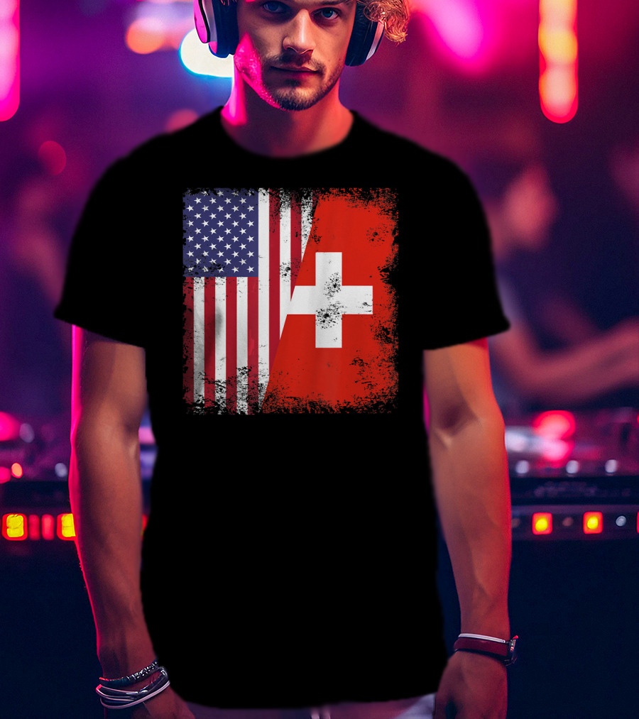 Half Swiss Flag Vintage American Swiss Flag T-Shirt