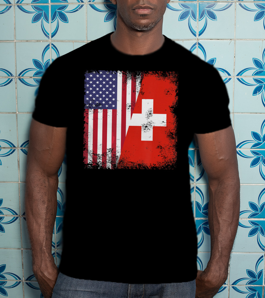 Half Swiss Flag Vintage American Swiss Flag T-Shirt