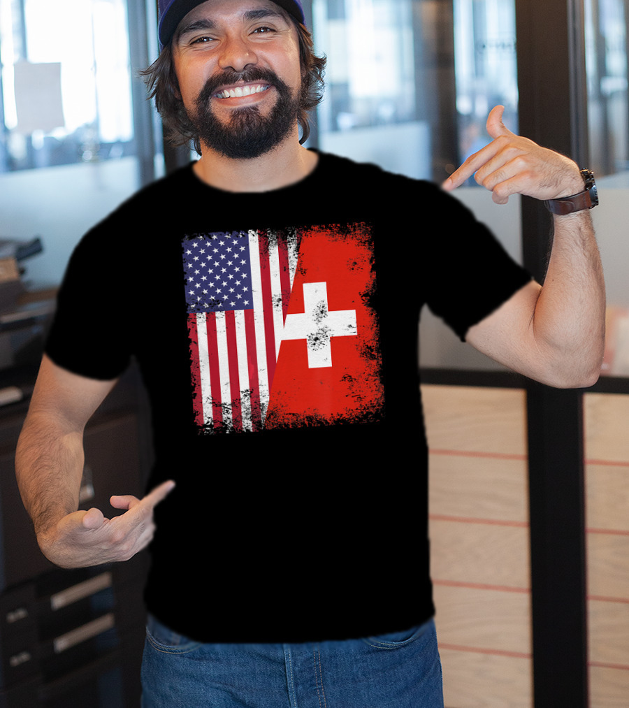 Half Swiss Flag Vintage American Swiss Flag T-Shirt