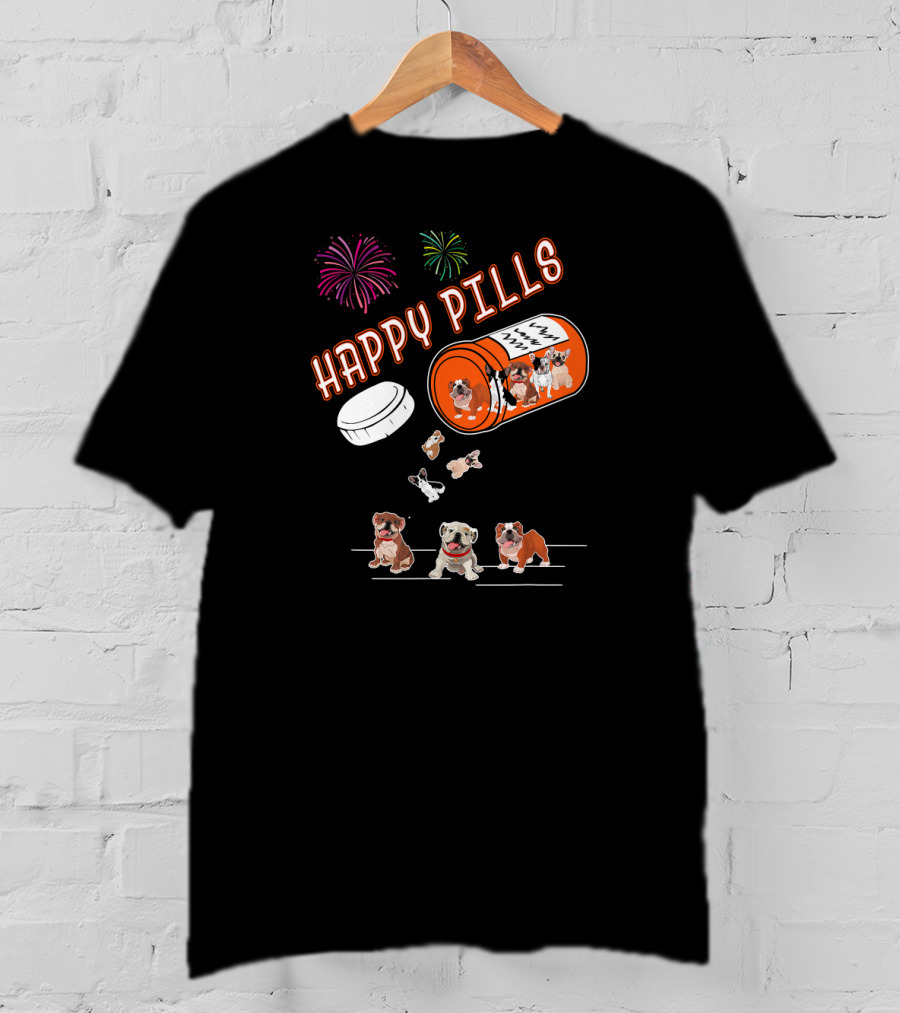 Bulldog Happy Pills Fireworks Prescription Bottle T-Shirt