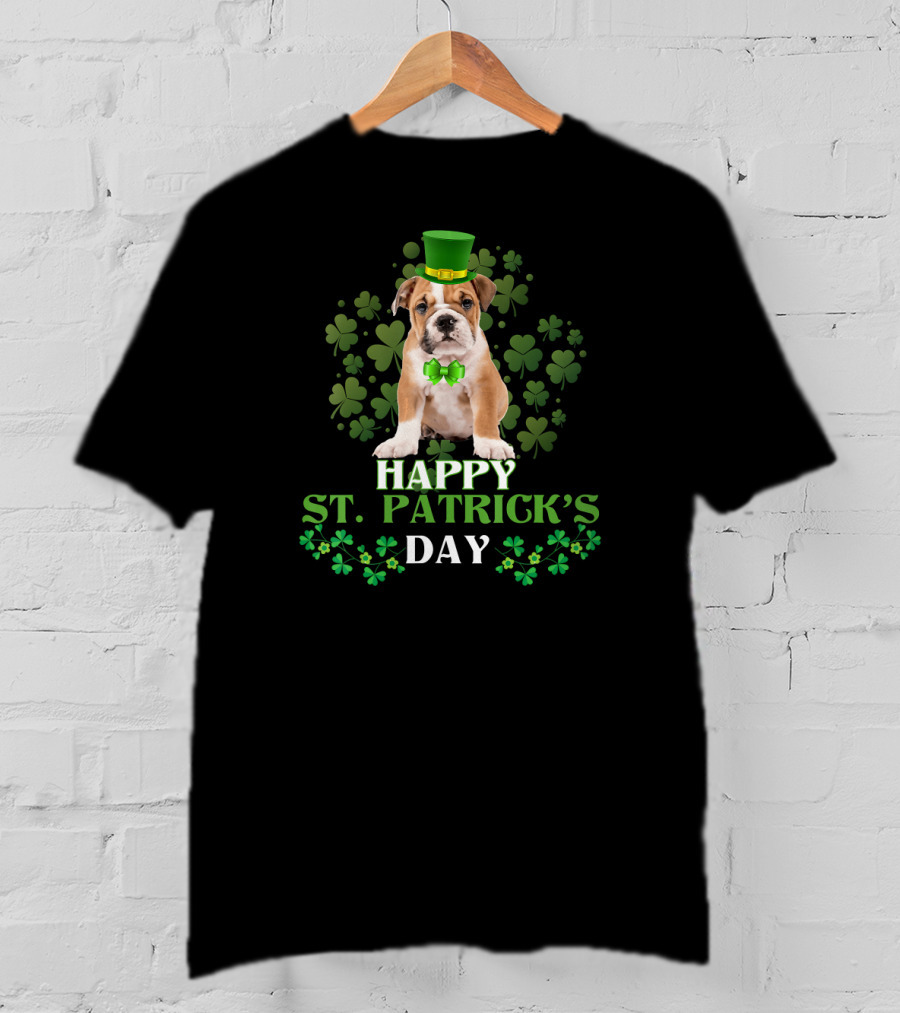 Happy St Patrick's Day Leprechaun Bulldog Green Hat Shamrock T-Shirt