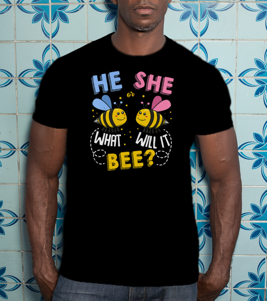 He She Or What Will It Bee Baby Party Gender Reveal Bees Blue And Pink T-Shirt