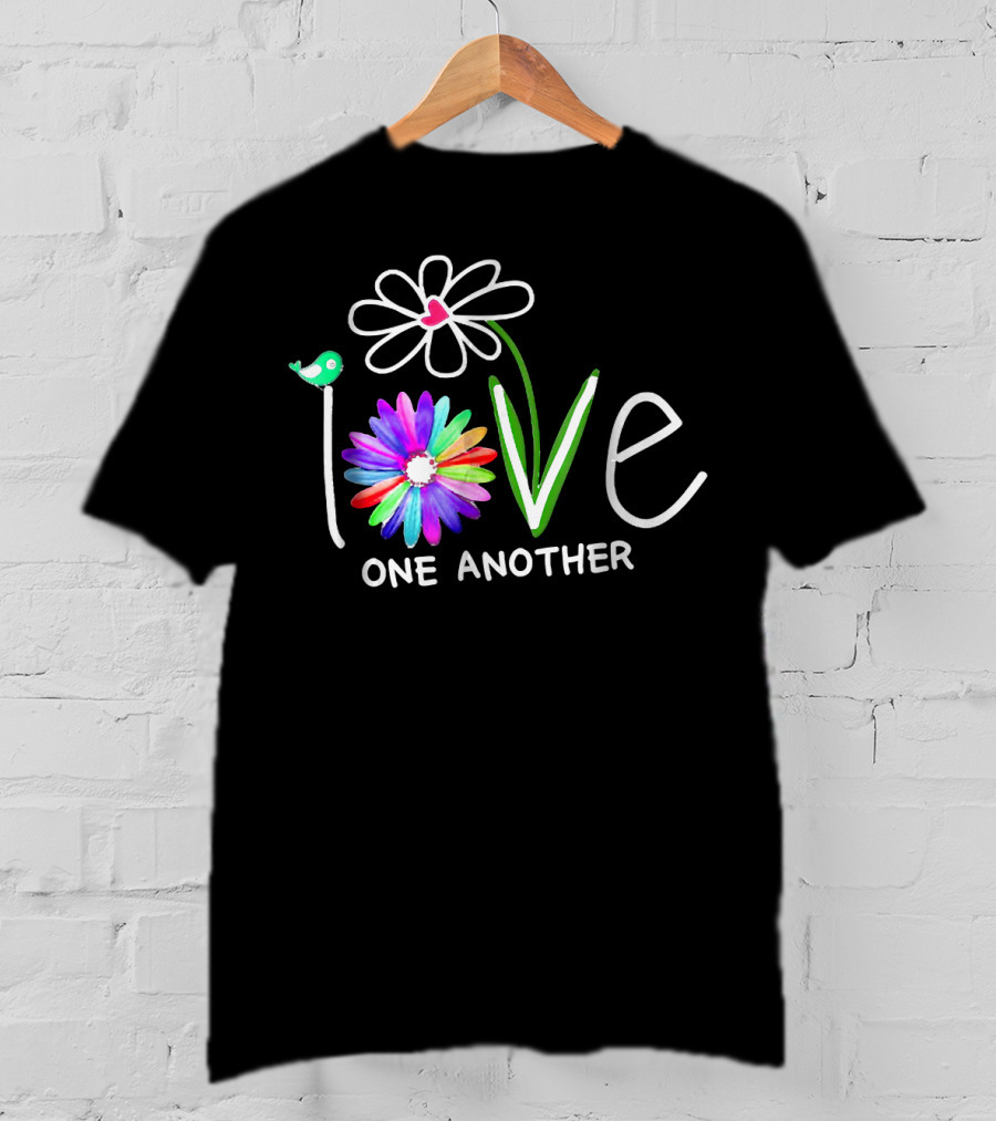 Hippie Daisy Flower Bird Love One Another Colorful Peaceful Message T-Shirt