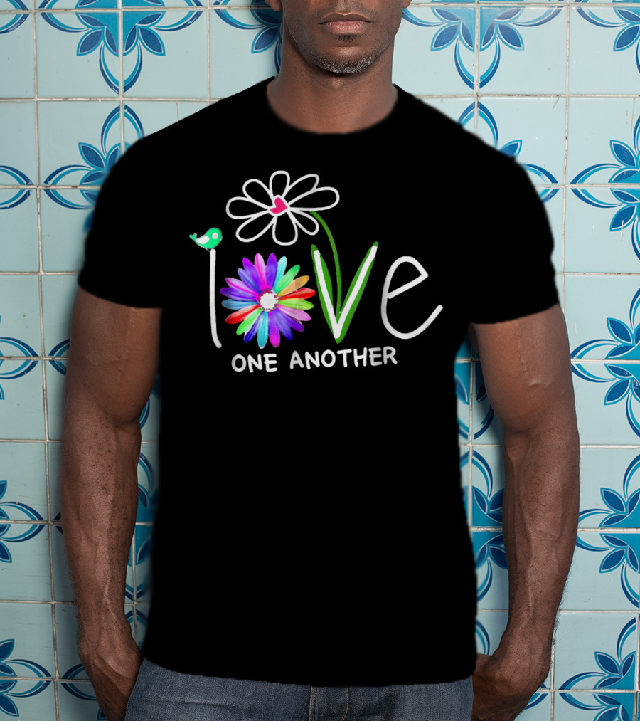 Hippie Daisy Flower Bird Love One Another Colorful Peaceful Message T-Shirt