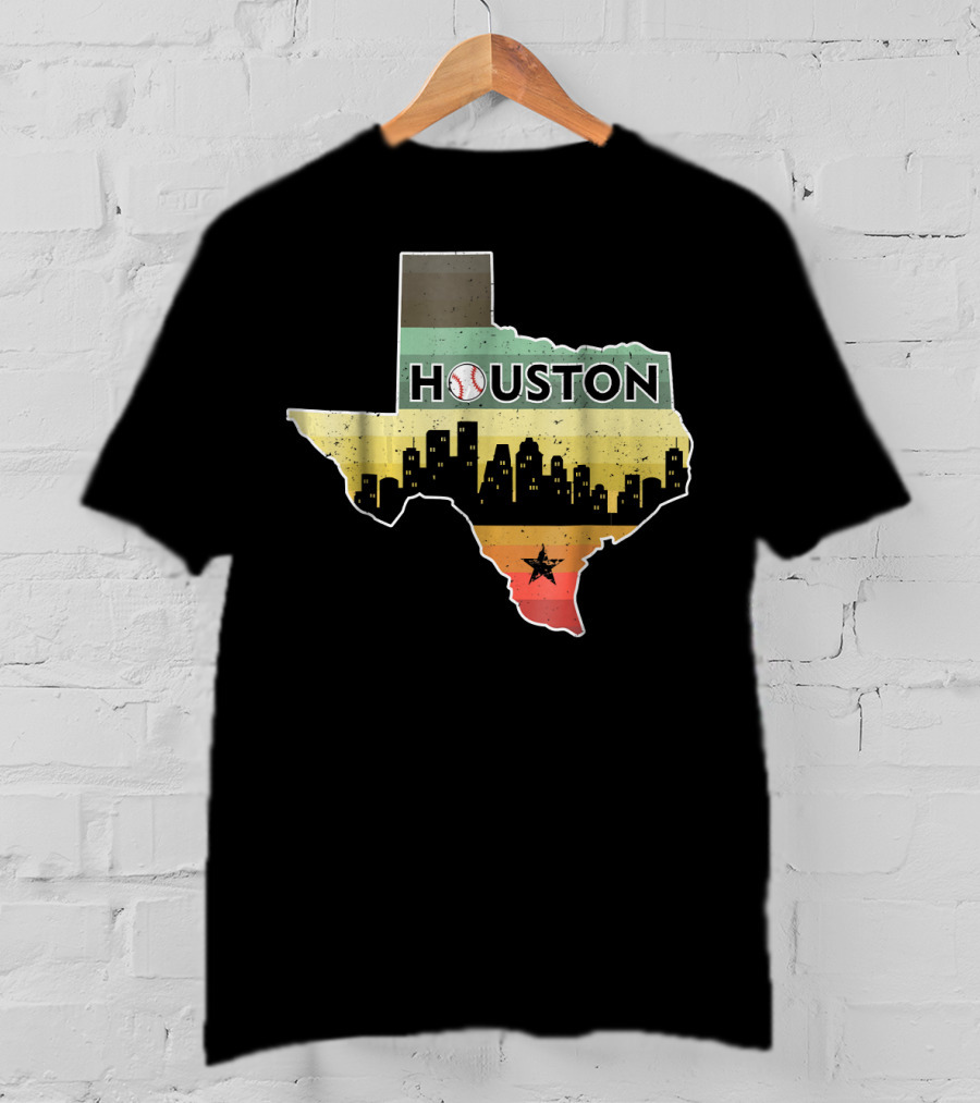 Houston Baseball Skyline With Texas Map And Retro Stripes T-Shirt