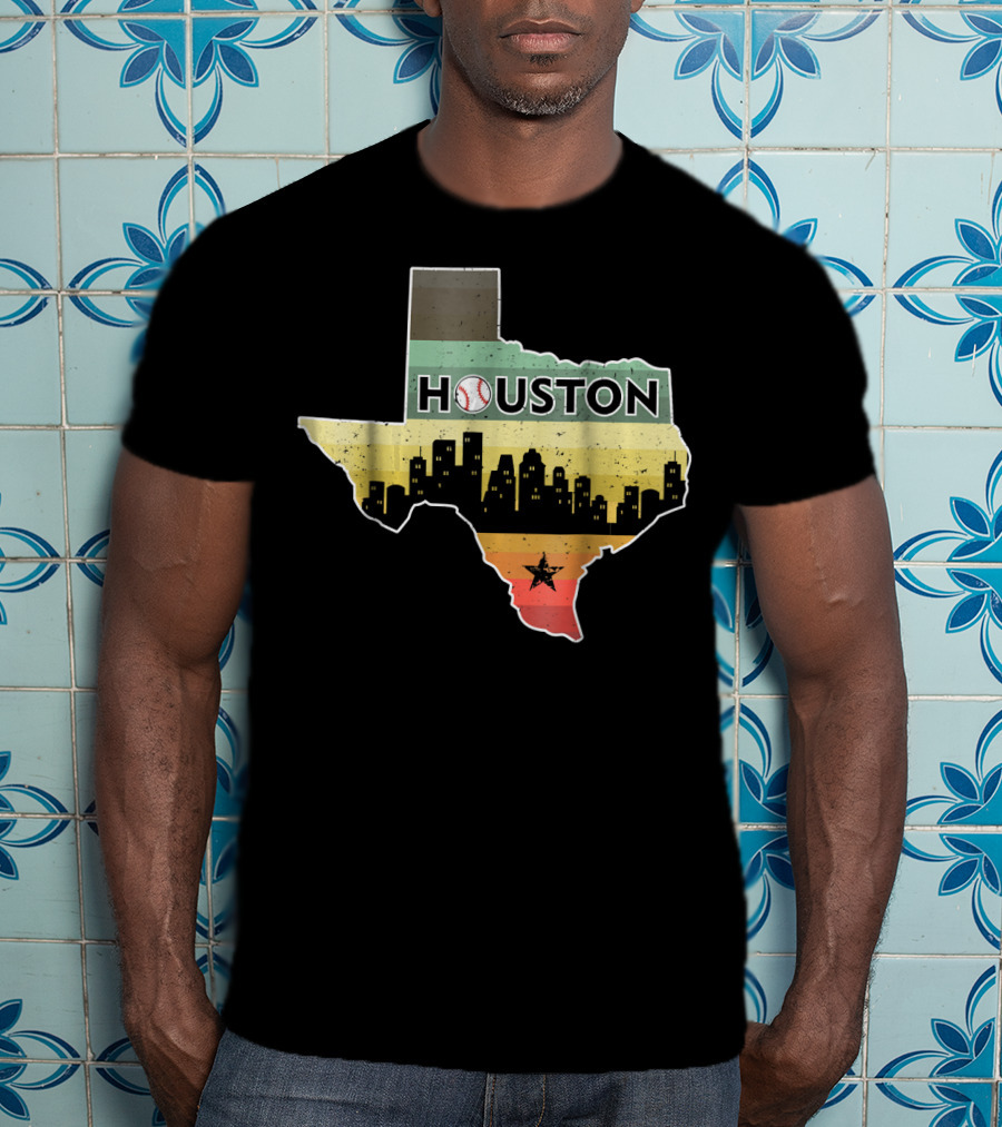 Houston Baseball Skyline With Texas Map And Retro Stripes T-Shirt